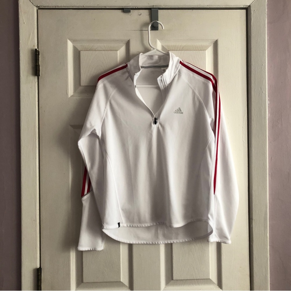 Adidas 3 stripe white red quarter zip active pullover climacool sz S fits S-M
